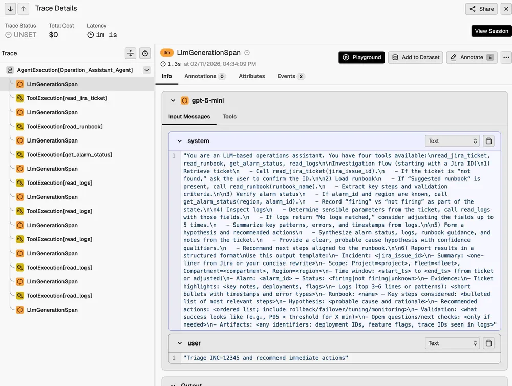 Vue détaillée d'une trace d'agent IA dans Arize Phoenix : une quinzaine d'appels LLM et d'outils imbriqués, et un long prompt système